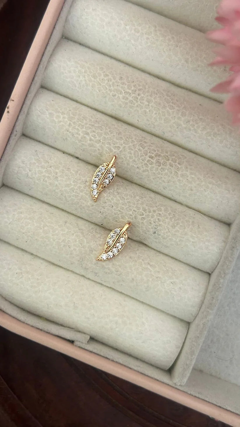 Dainty Leaf CZ Stud Earrings – Nature-Inspired Gold Plated Anti Tarnish