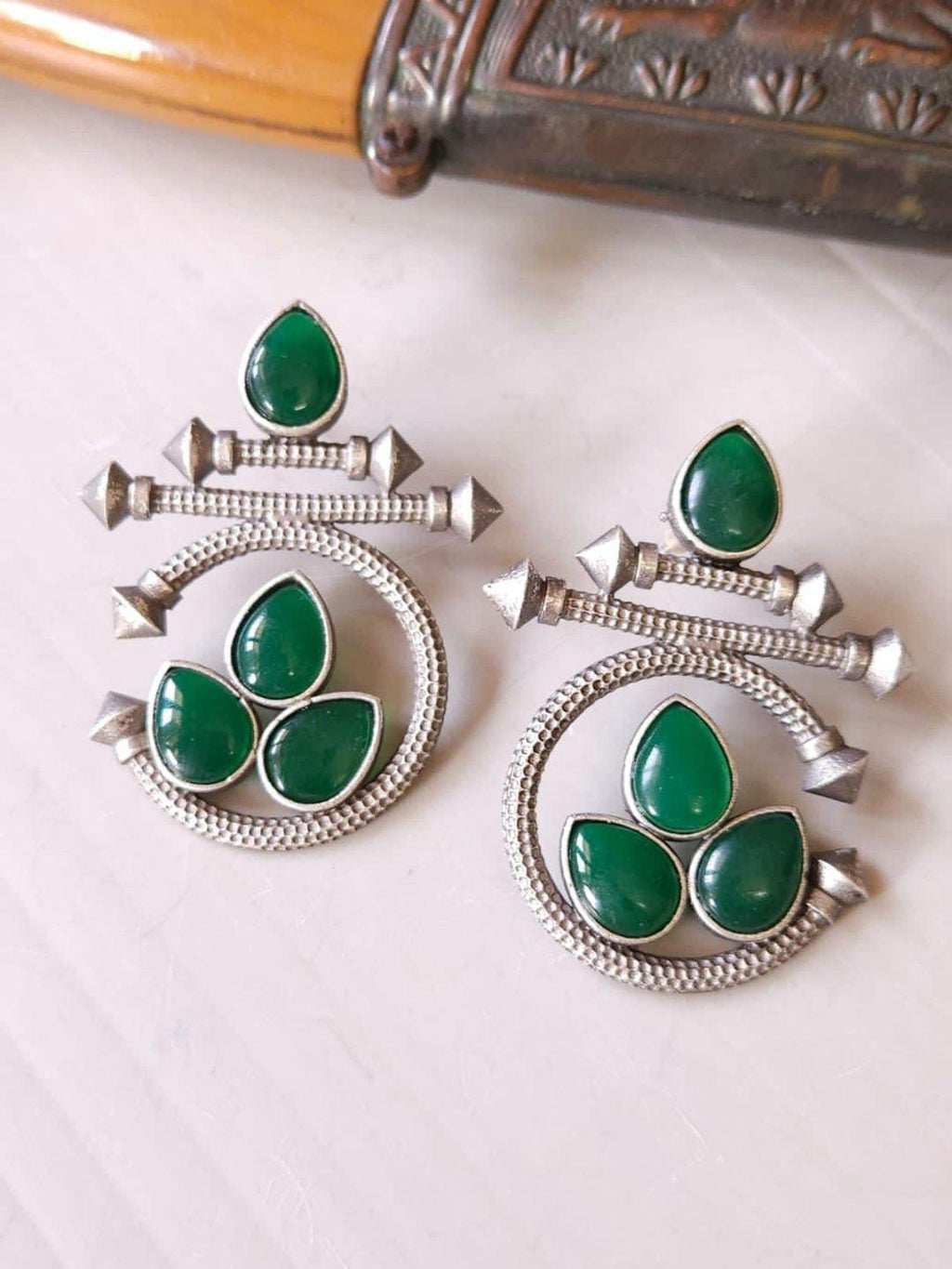 Ruby Red Oxidised Statement Earrings – Ethnic Geometric Drop Earrings