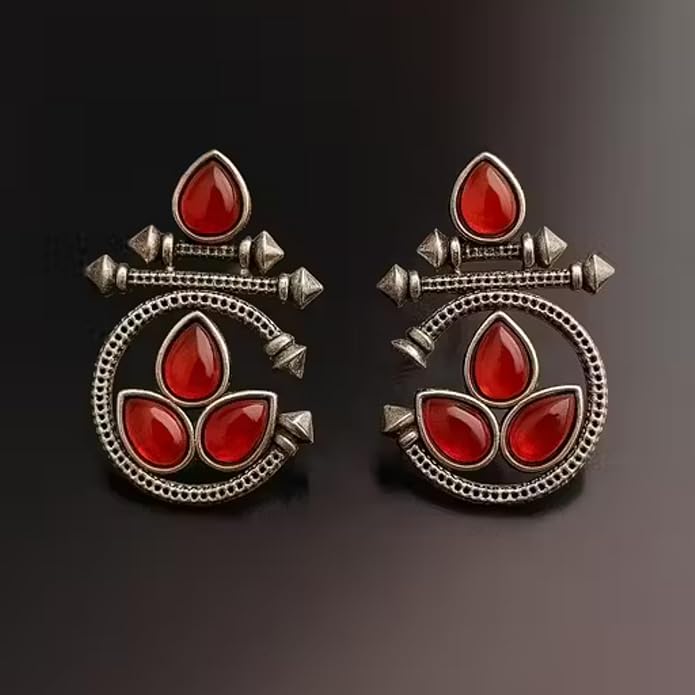 Ruby Red Oxidised Statement Earrings – Ethnic Geometric Drop Earrings