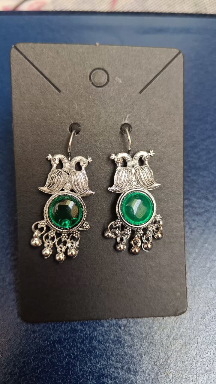 Twin Peacock Medallion Oxidised Stud Earrings
