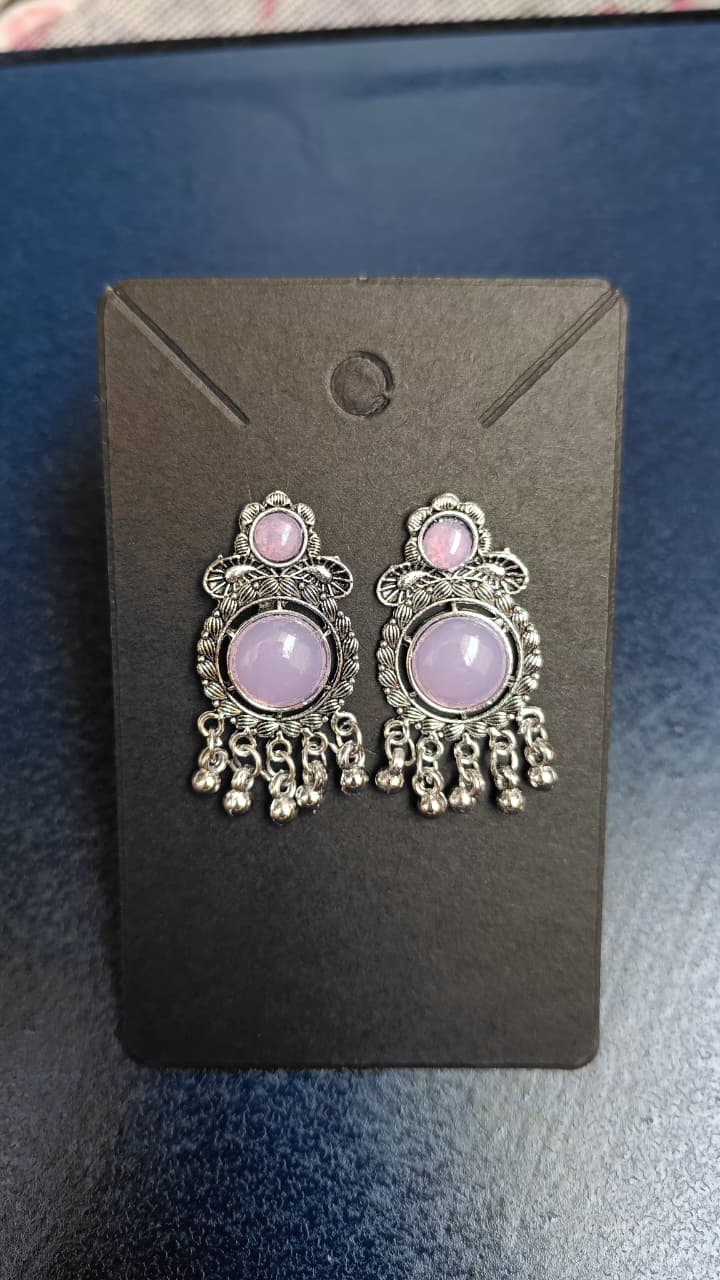 Lavender Medallion Floral-Scroll Oxidised Silver Stud Earrings