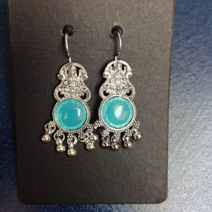 Celestial Teal Goddess Motif Oxidised Silver Dangle Earrings