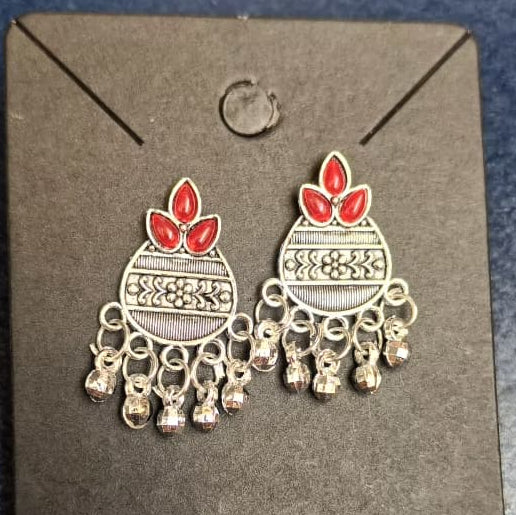 Crimson Lotus Motif Oxidised Silver Jhumka Earrings
