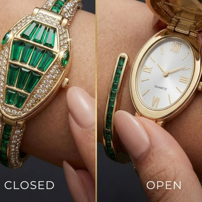 Premium Snake Gold Emerald Watch Bracelet – 18K Gold Plated Anti-Tarnish Luxury Statement Piece
