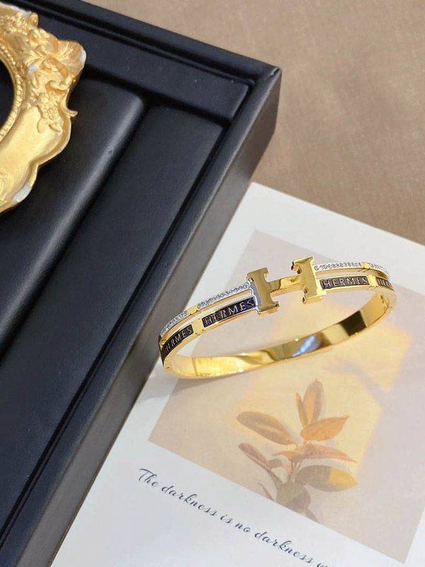 Gold Plated "H" Signature Bangle | Crystal Pave Monogram Hinged Bracelet