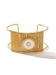 Gold Celestial Sunburst Statement Cuff | Artisan Wire-Wrapped Bangle with White Medallion