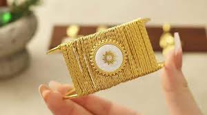 Gold Celestial Sunburst Statement Cuff | Artisan Wire-Wrapped Bangle with White Medallion