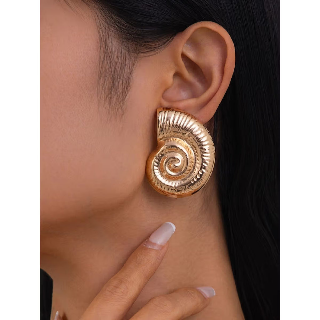 Golden Spiral Shell Statement Stud Earrings – Anti Tarnish | Vintage Ocean Inspired Jewelry