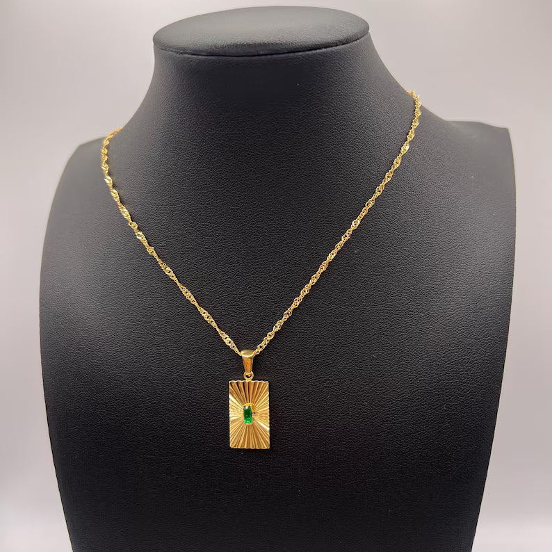 Anti Tarnish Green Cubic Zirconia Rectangle Pendant Necklace