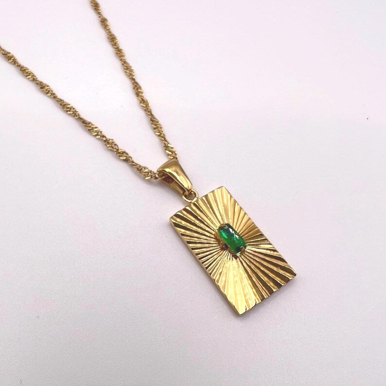 Anti Tarnish Green Cubic Zirconia Rectangle Pendant Necklace