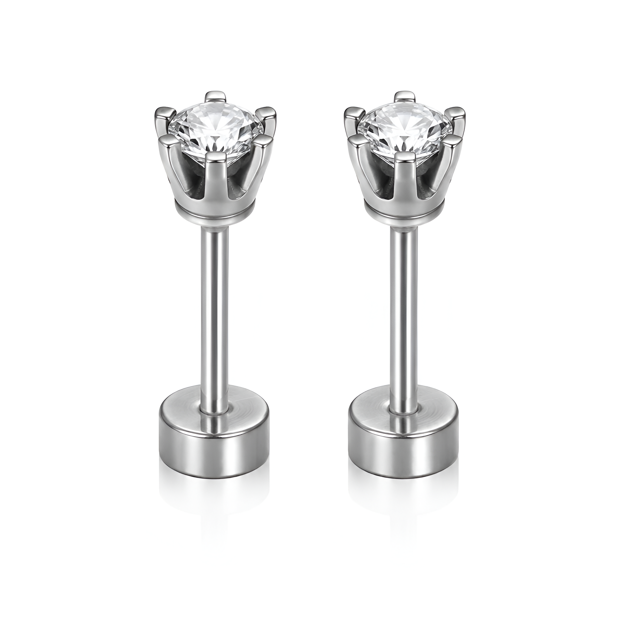 Men's Solitaire CZ Stud Earrings – Stainless Steel Magnetic Ear Studs (Pair)