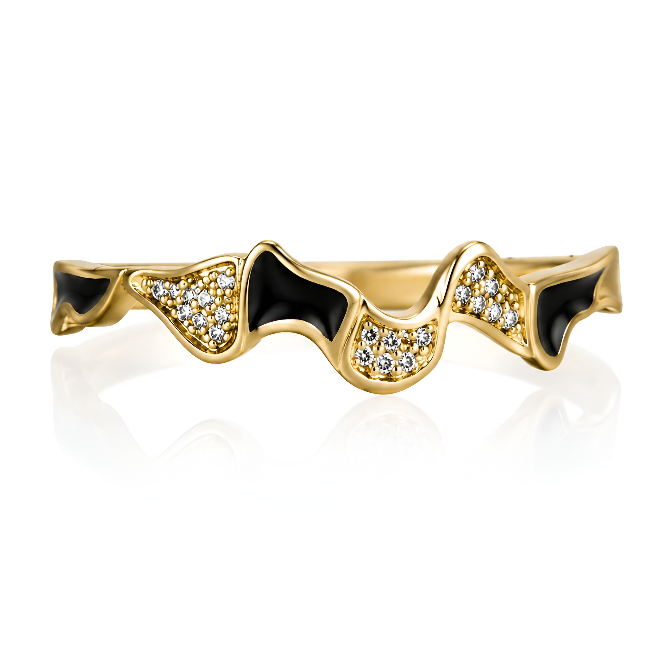 Modern Wave Statement Adjustable Ring | Gold & Black Enamel Ring