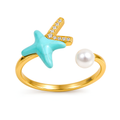 Beach Starfish Pearl Adjustable Ring for Women | Anti-Tarnish Waterproof Gold Ring