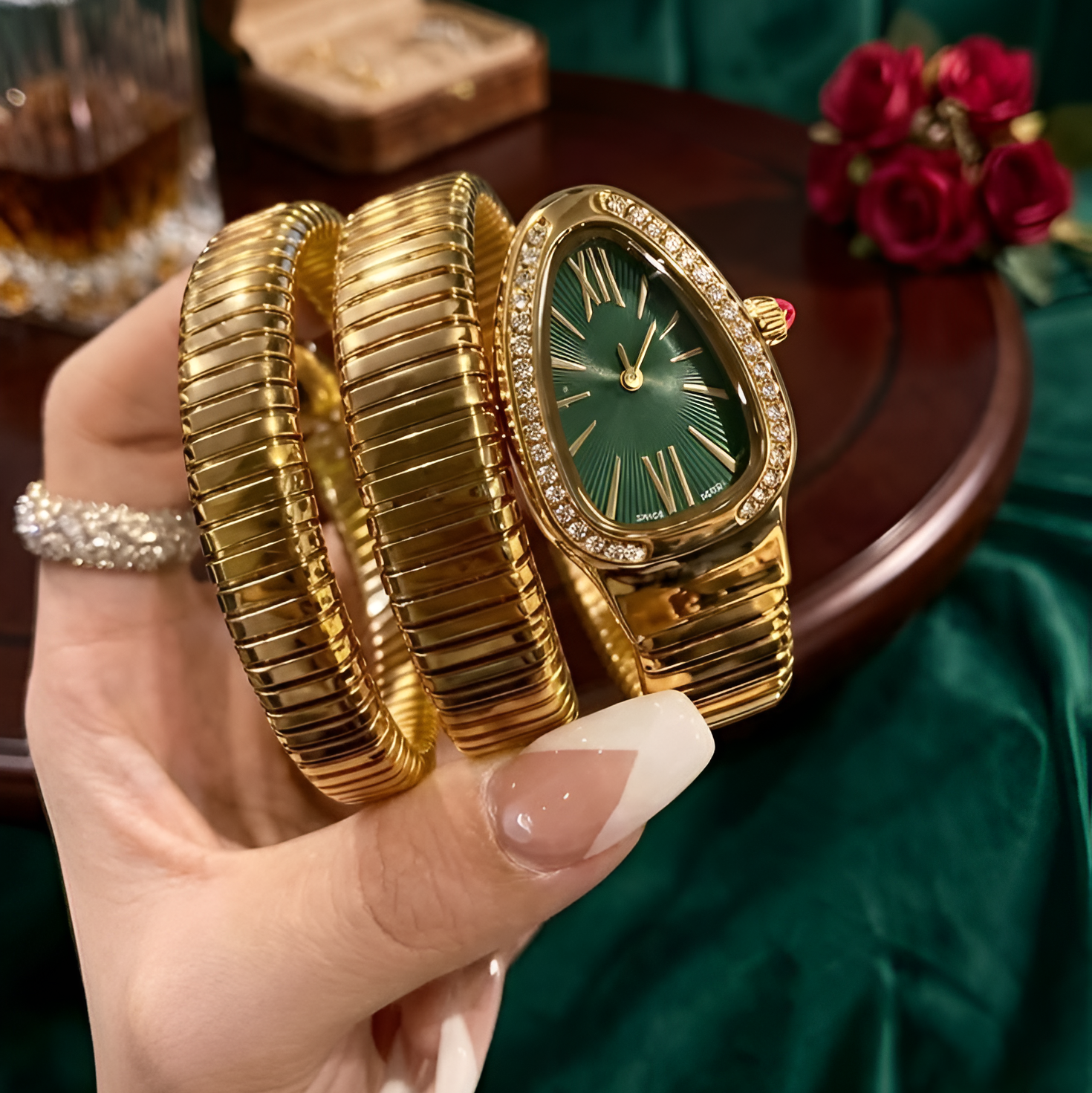 Luxury Serpentine Spiral Bracelet Watch with Green Dial