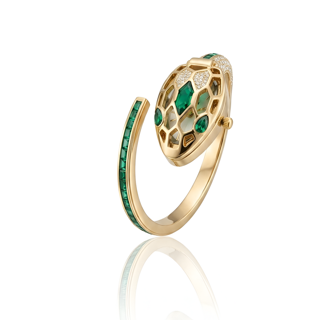 Premium Snake Green Emerald Watch Bracelet – 18K Gold Plated Anti-Tarnish Luxury Statement Piece