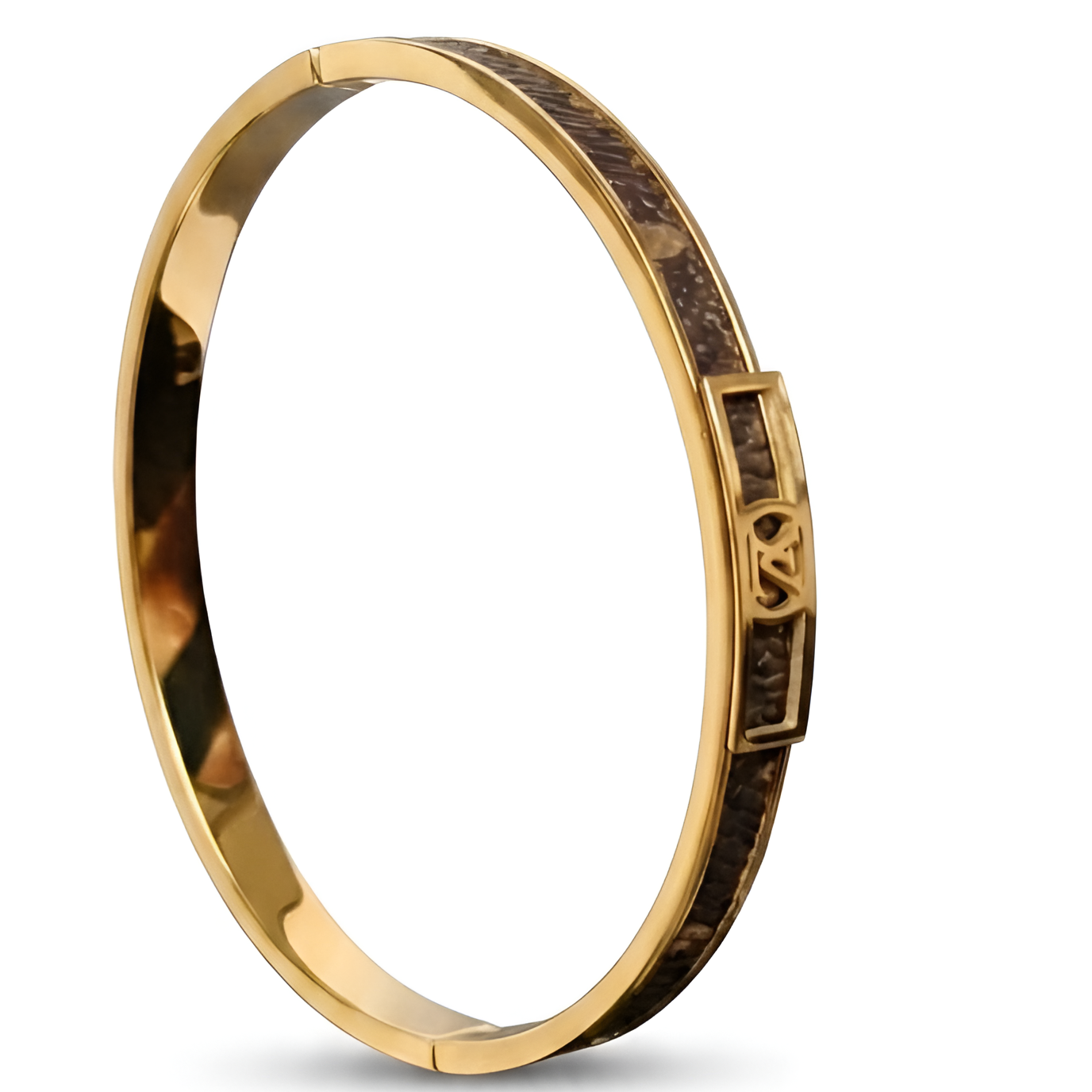 Gold Plated Monogram Bangle | Classic Brown Leather Inlay Hinged Bracelet