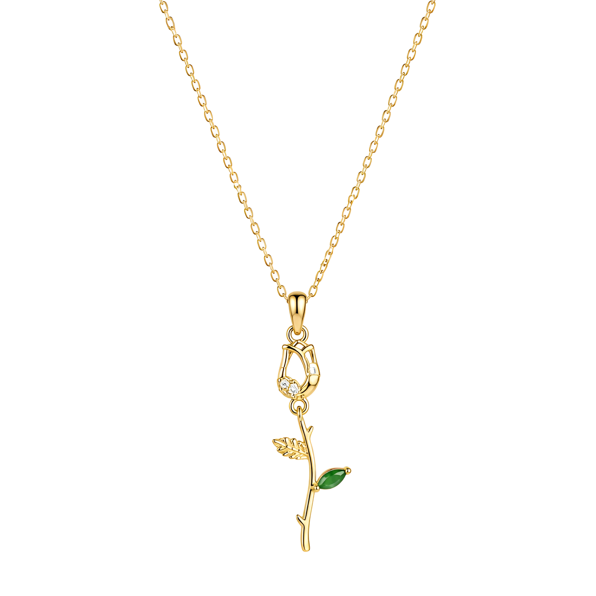 Enchanted Long-Stem Rose Crystal Pendant Necklace – 18K Gold Plated Anti-Tarnish Tulip Jewelry