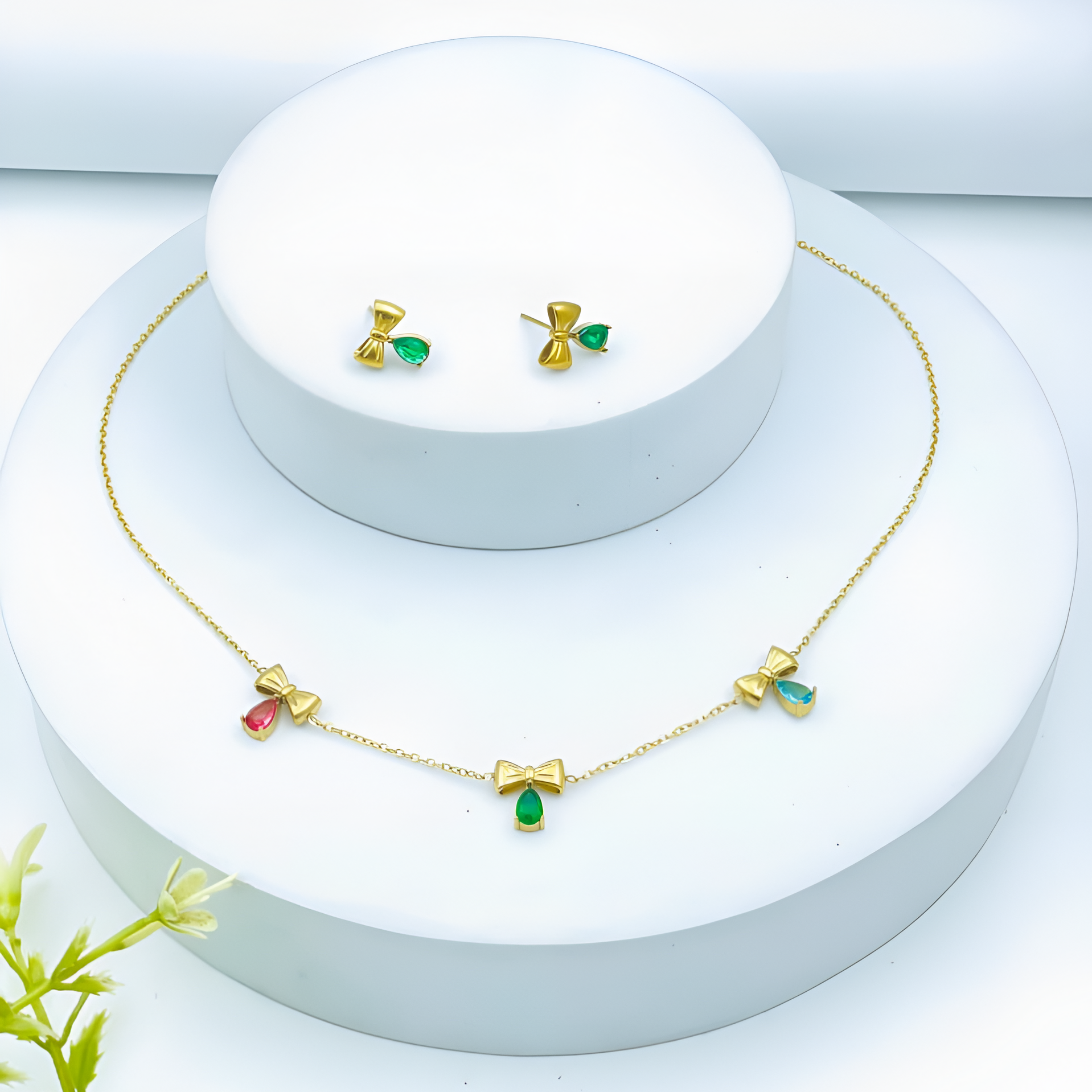 Gold Bow & Colorful Teardrop Crystal Jewelry Set (Necklace & Matching Earrings)