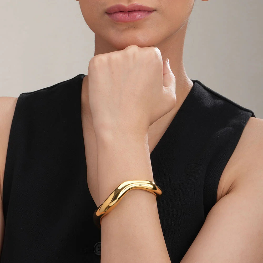 Liquid Gold Wavy Hinged Bangle | Sculptural Molten Metal Statement Bracelet