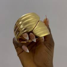 Bold Ribbed Gold Bypass Cuff | Sculptural Statement Wide Bangle