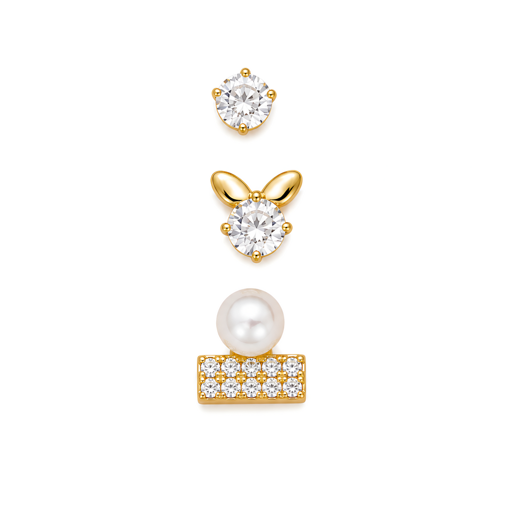 Luxe Trio Stud Earrings Set – Pearl, CZ & Butterfly Gold Plated Combo (Anti-Tarnish)