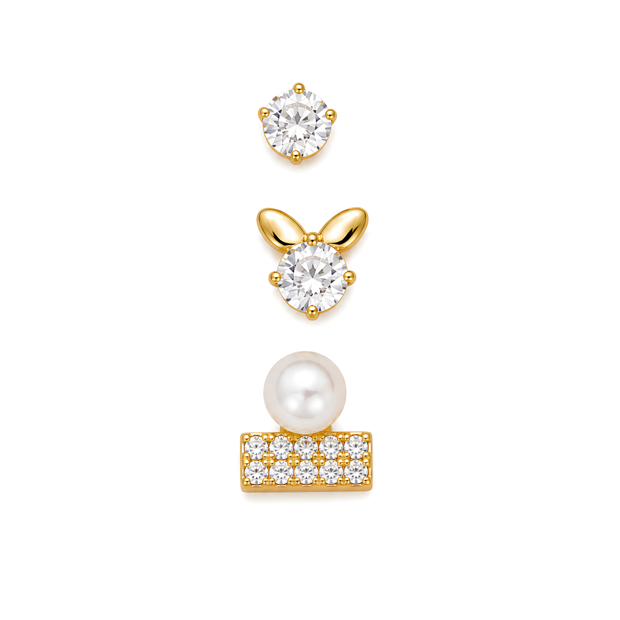 Luxe Trio Stud Earrings Set – Pearl, CZ & Butterfly Gold Plated Combo (Anti-Tarnish)