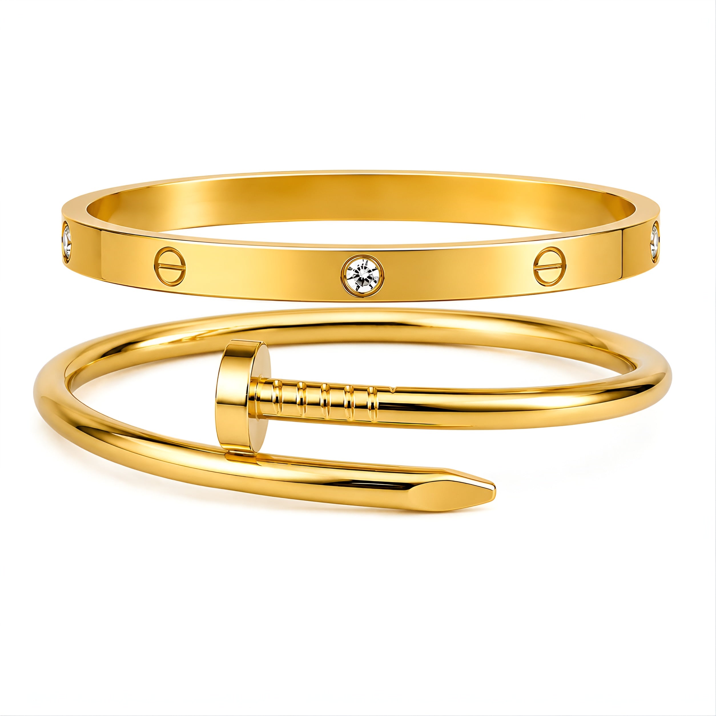 Gold Bracelet Combo for Women | Anti Tarnish Waterproof Stainless Steel Nail Bracelet & Crystal Screw Bangle Set | Luxury Stackable Bracelets