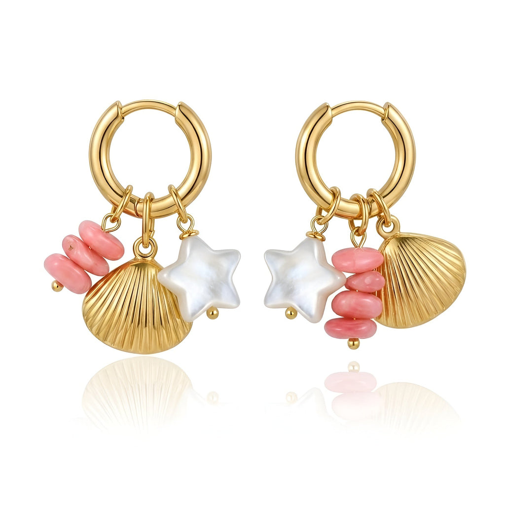 Gold Plated Charm Hoop Earrings | Star & Shell Dangle Earrings