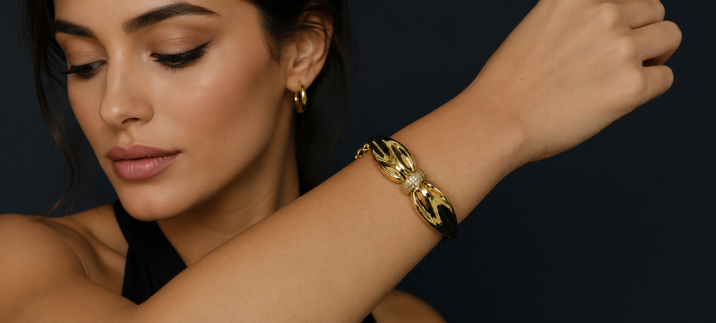 Gold PVD Sculptural Bow Bangle | Crystal Pave Tapered Statement Bracelet