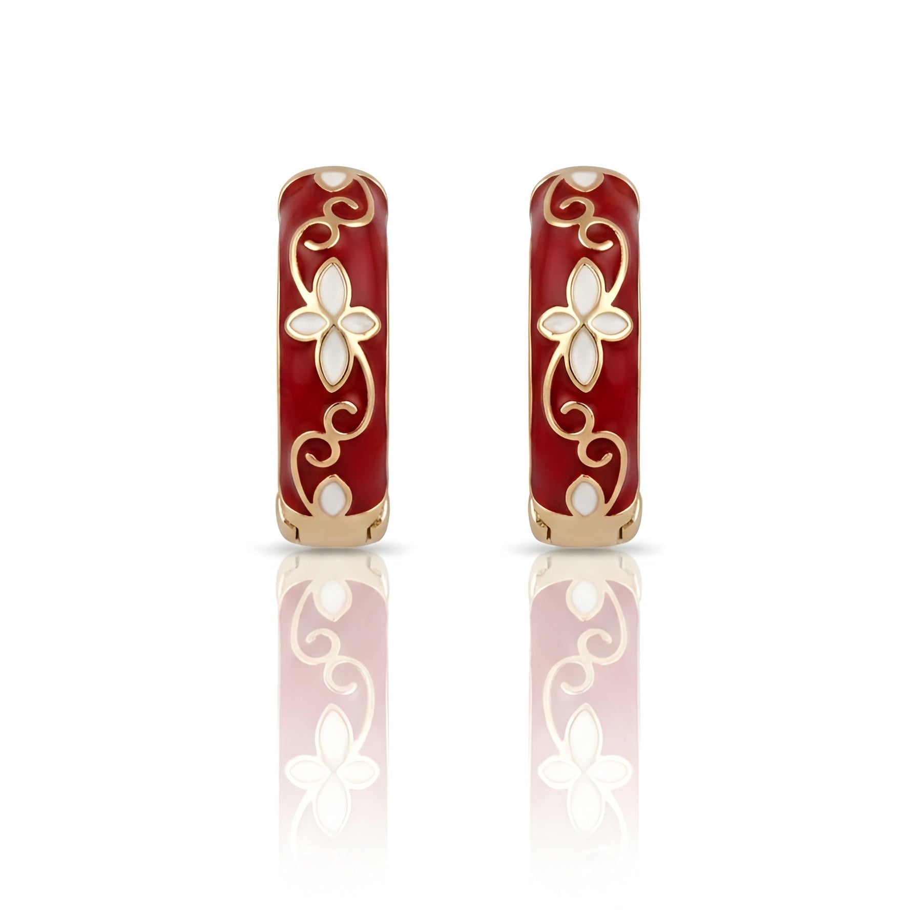 Red Enamel Gold Plated Hoop Earrings | Floral Designer Jewelry