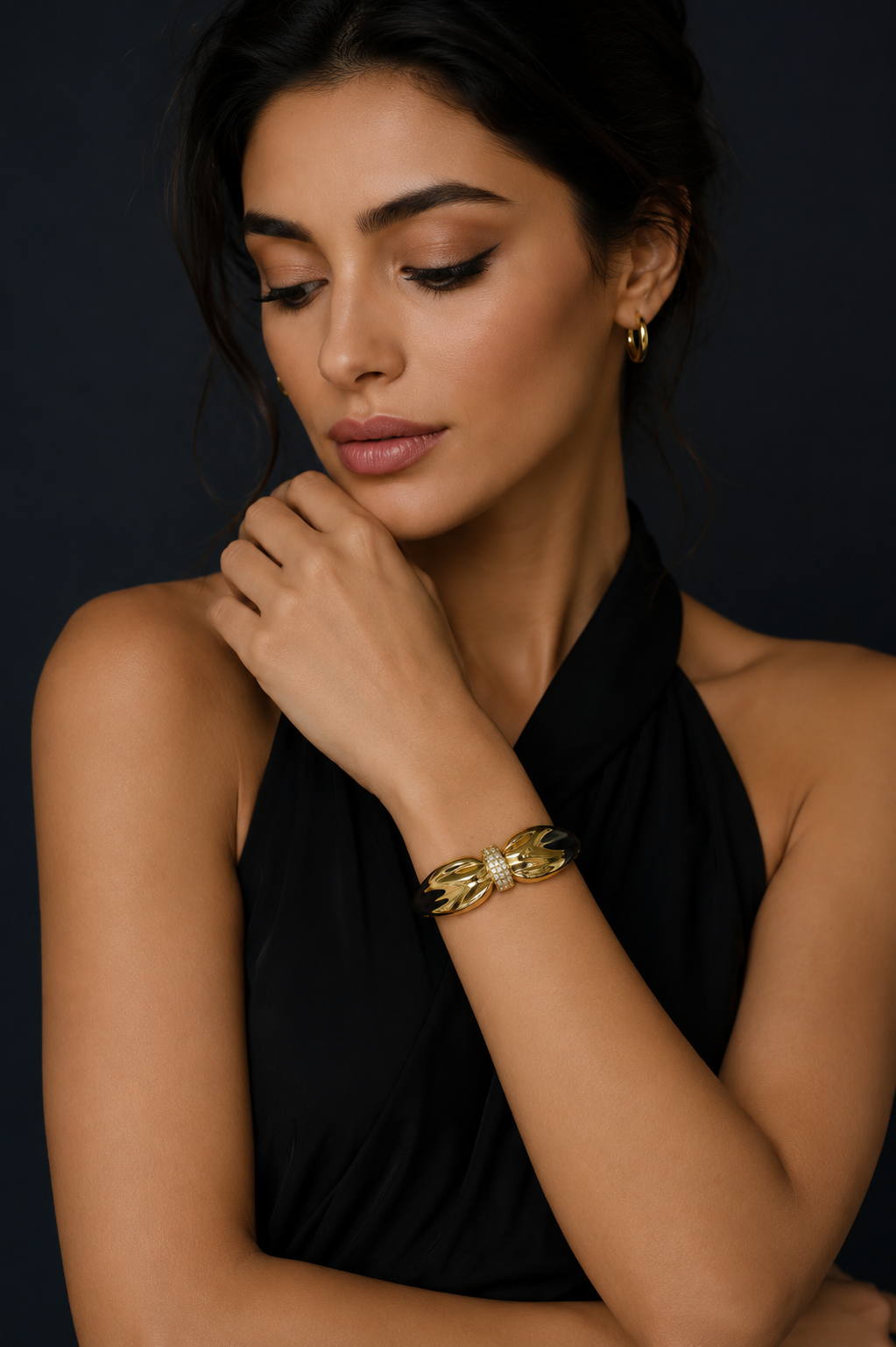 Gold PVD Sculptural Bow Bangle | Crystal Pave Tapered Statement Bracelet