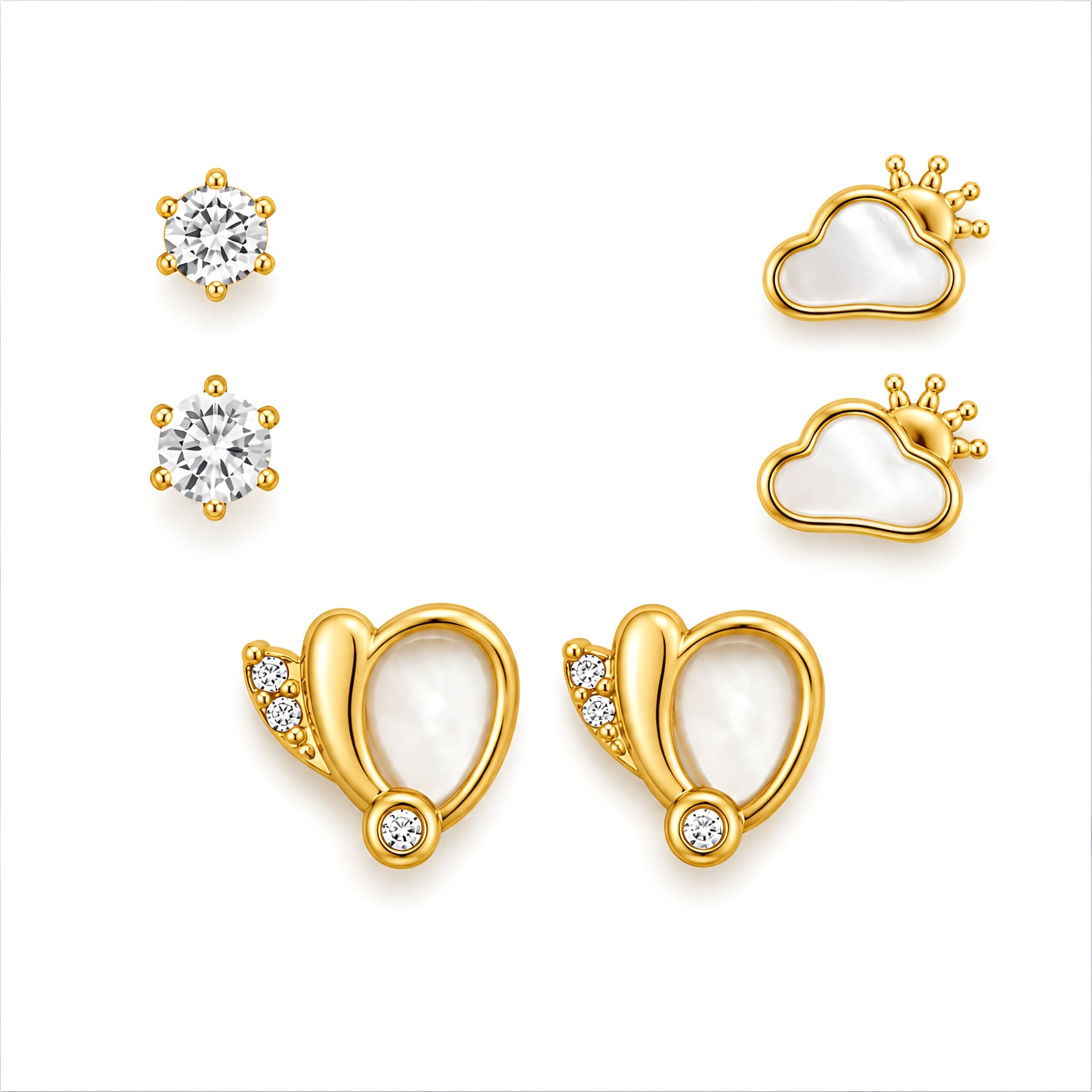 Gold Earrings Combo Set for Women | Anti Tarnish Waterproof Stainless Steel Stud, Cloud & Heart Earrings | Hypoallergenic Jewelry Set