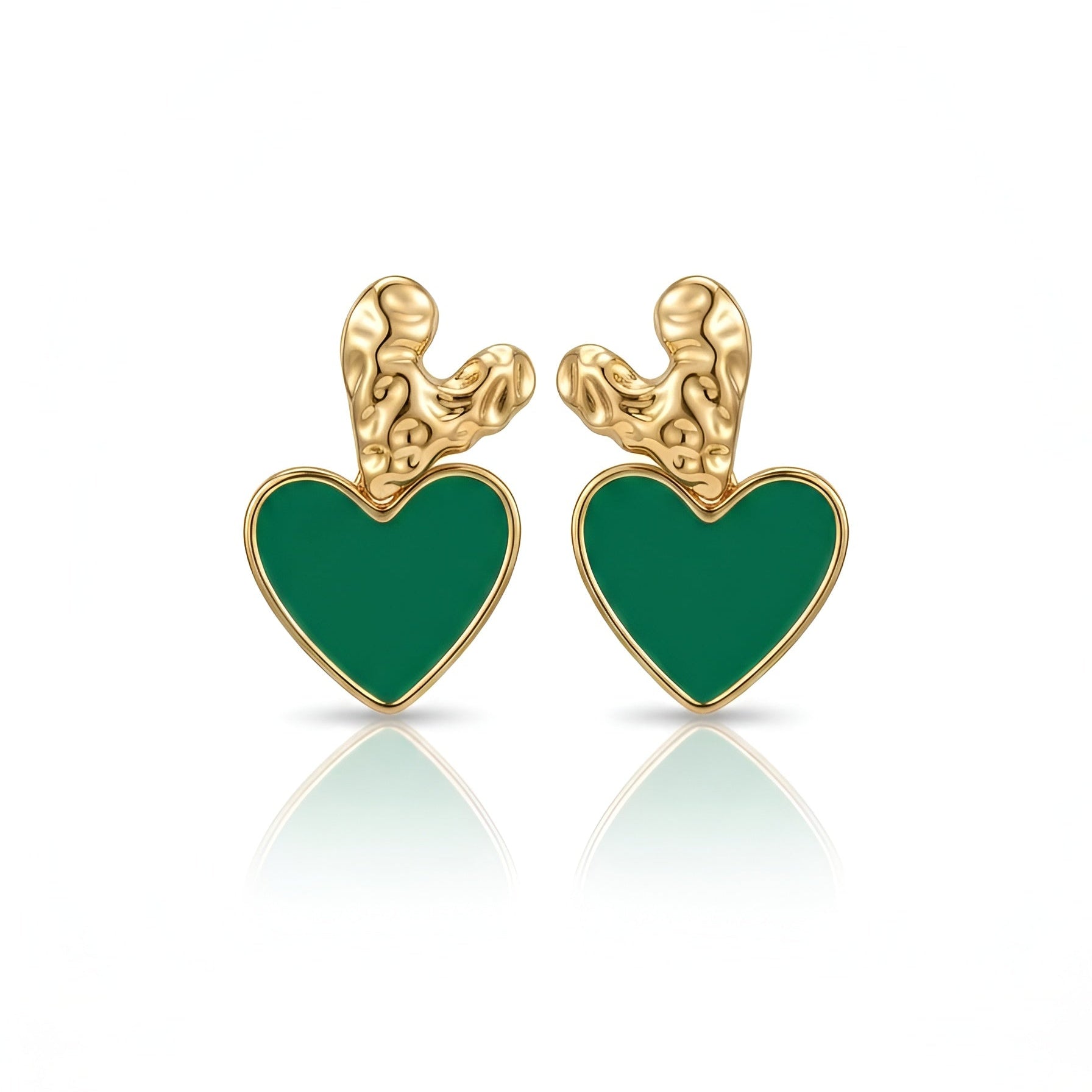 Green Heart Gold Plated Earrings | Designer Statement Earrings