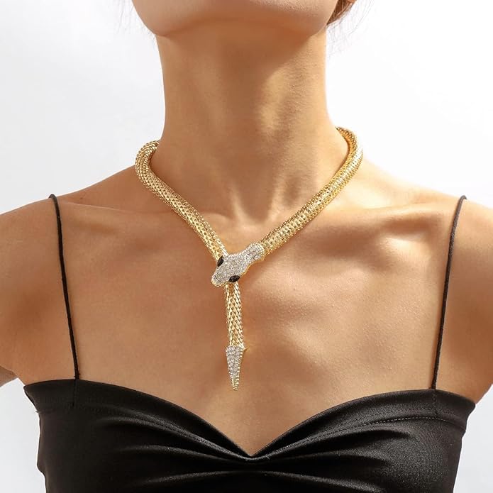 Angyape Gold Snake Necklace for Women – Flexible Chunky Statement Rhinestone Choker | Bendable Medusa-Inspired Luxury Necklace