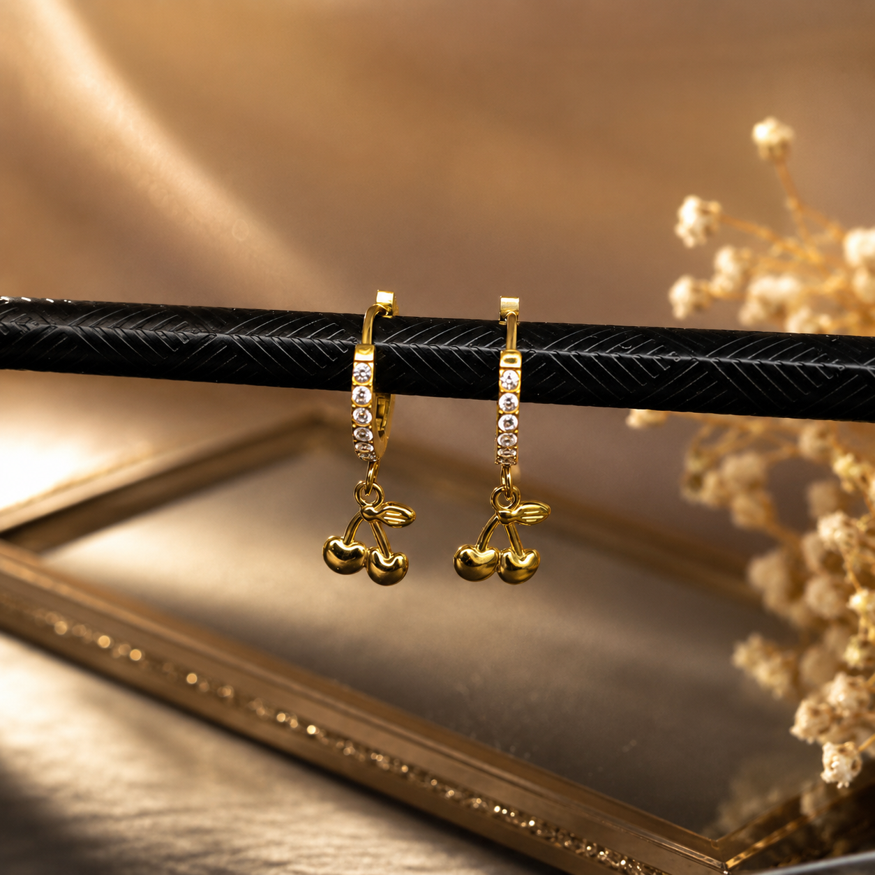 Women’s Gold Cherry Charm Hoop Earrings with Crystal Studded Hoops | Elegant Trendy Mini Hoops