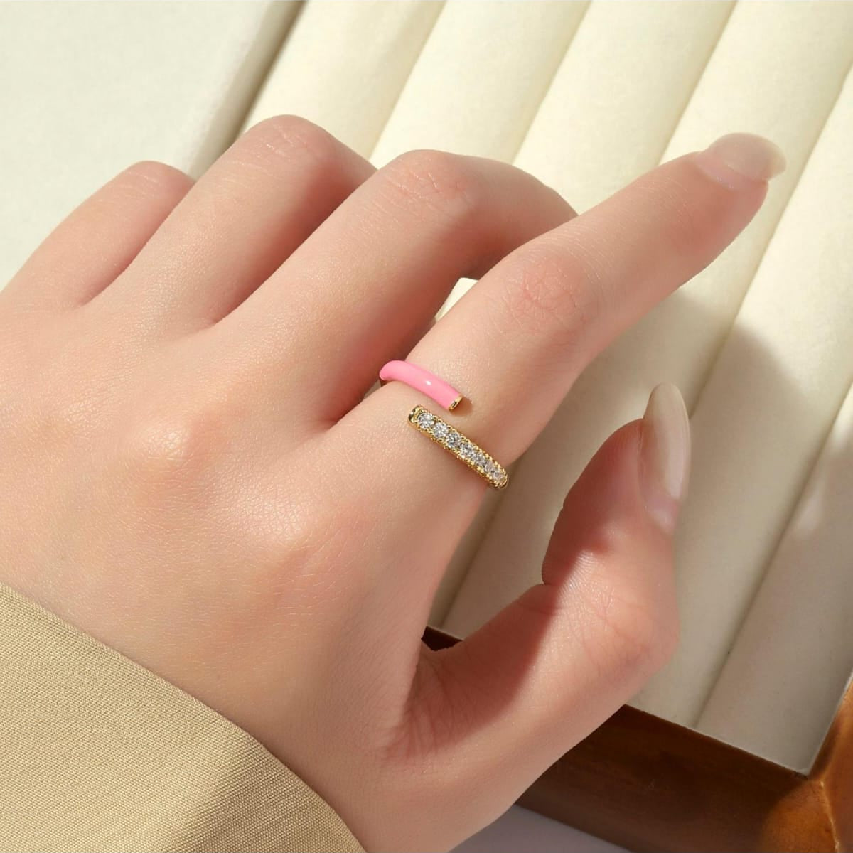 Pink Enamel Adjustable Ring for Women | Anti Tarnish Gold Ring