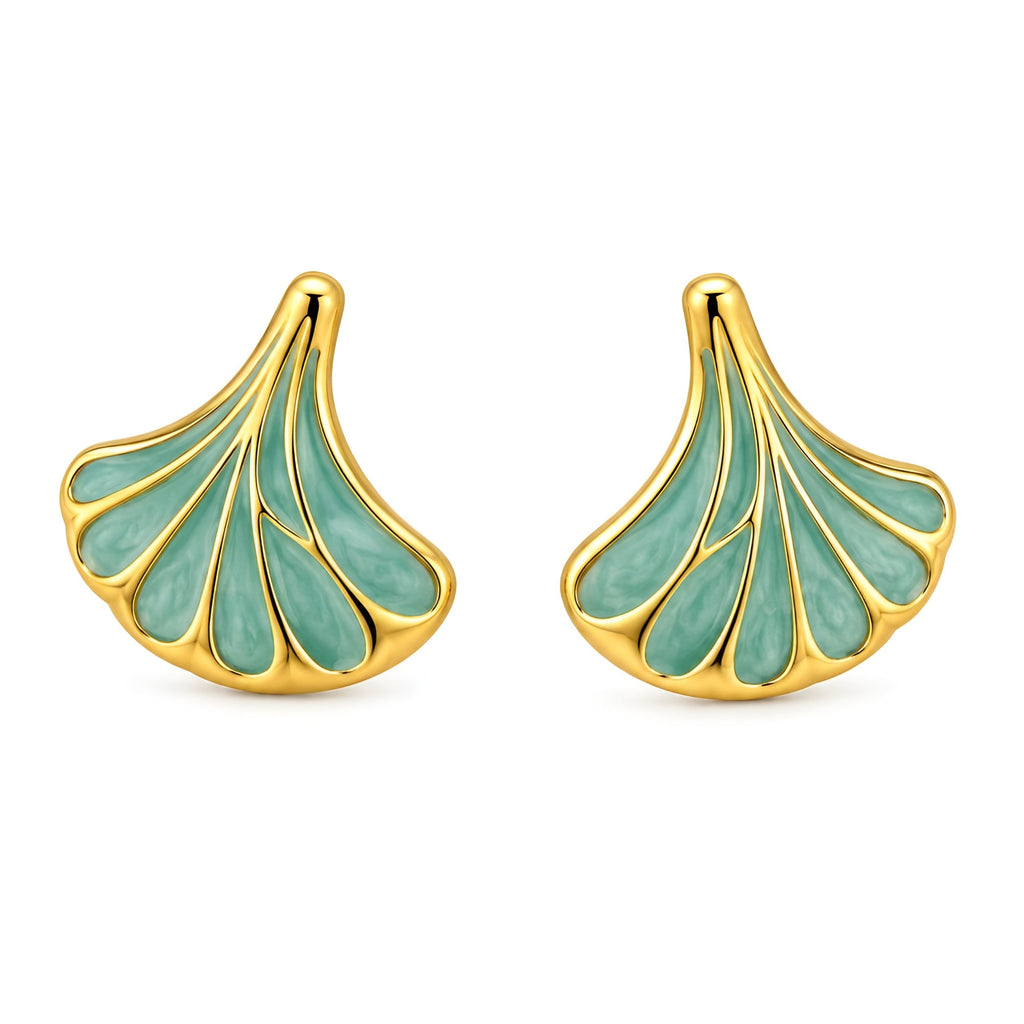 Mint Green Ginkgo Leaf Stud Earrings for Women | Gold-Tone Nature Inspired Earrings
