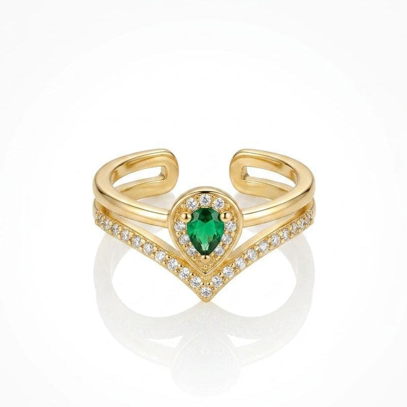 Green Pear Emerald V-Ring – Adjustable Gold Double-Band Ring