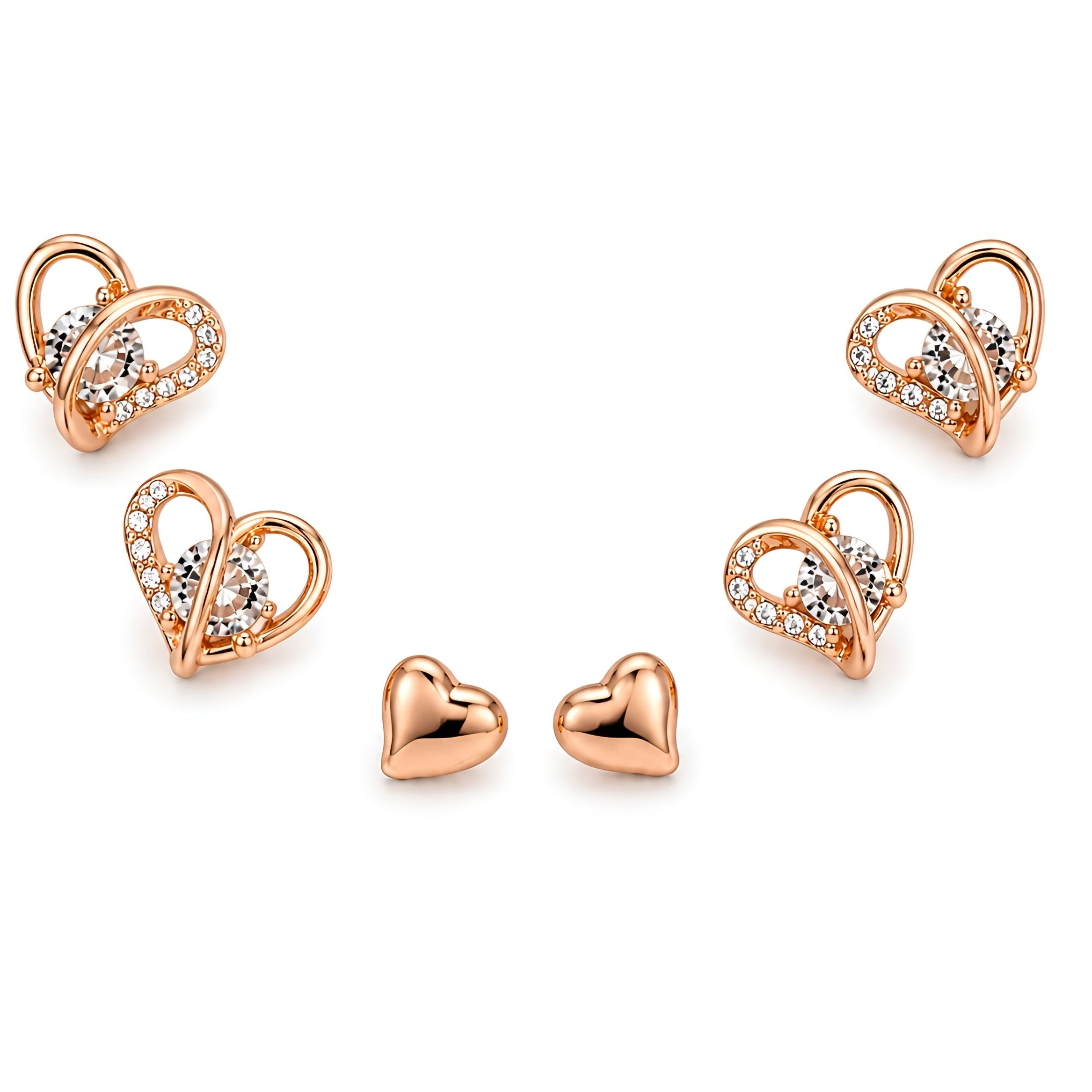 Rose Gold Heart Earrings Set for Women | Anti Tarnish Waterproof Stainless Steel Heart Stud & Crystal Hoop Earrings | Hypoallergenic Jewelry Gift