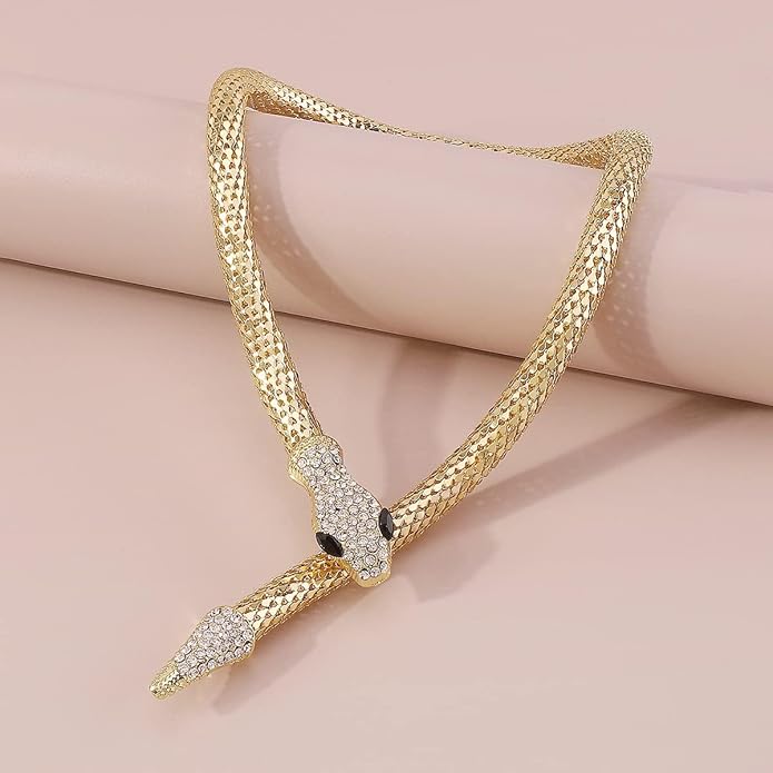 Angyape Gold Snake Necklace for Women – Flexible Chunky Statement Rhinestone Choker | Bendable Medusa-Inspired Luxury Necklace