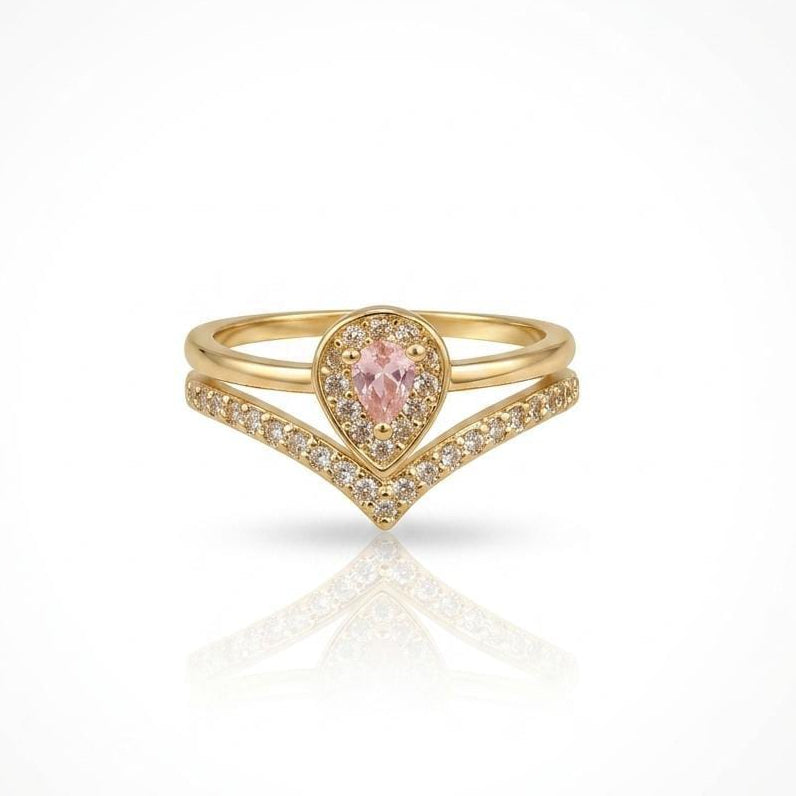 Pear-Cut Pink Gemstone Halo Chevron Adjustable Ring in Gold