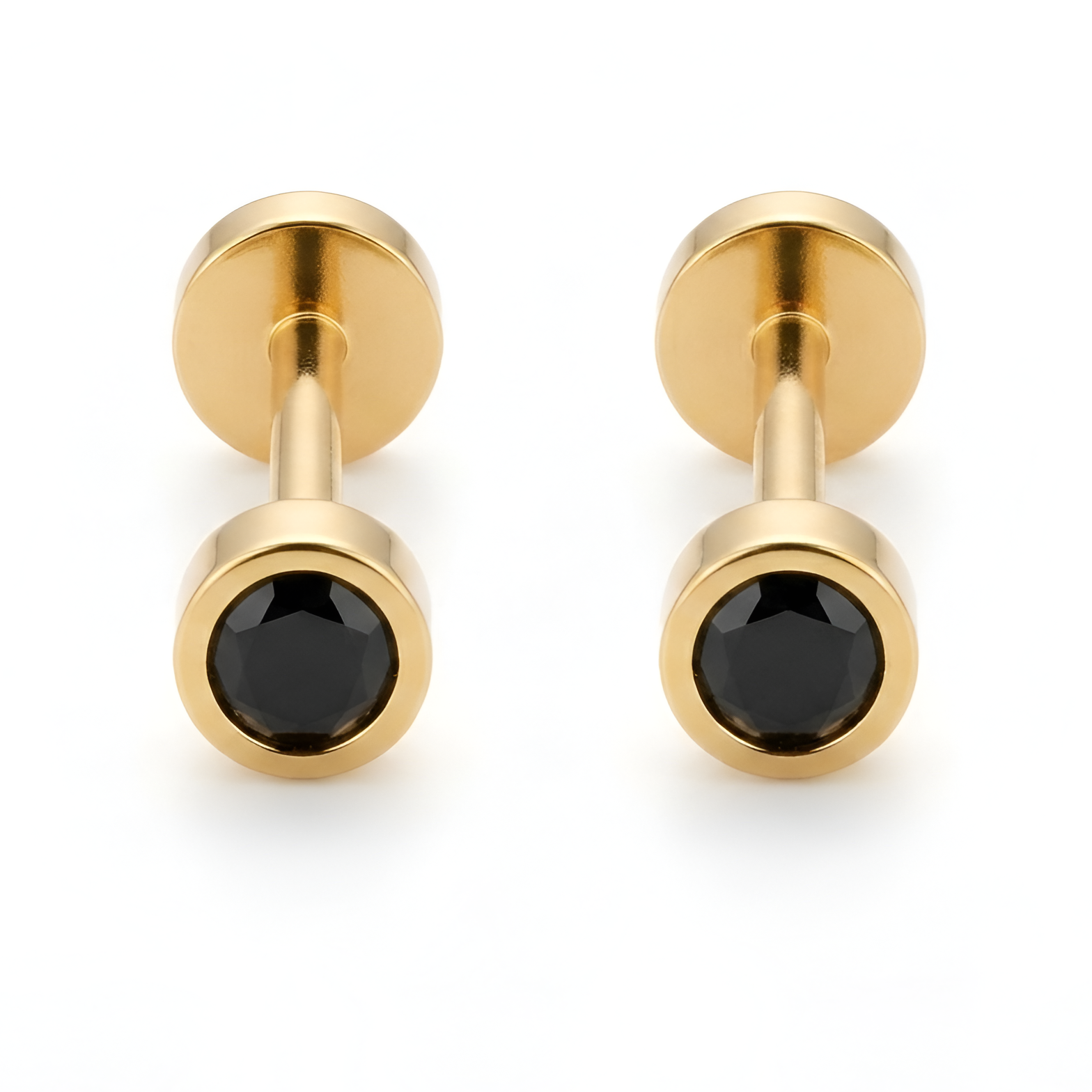 Men's Gold Black CZ Stud Earrings – Stainless Steel Screw Back Ear Studs