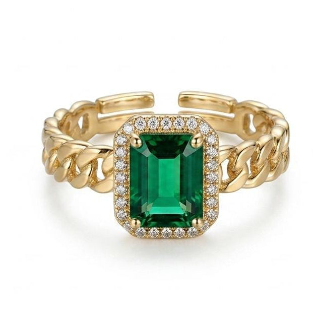 Emerald Cut Green Gemstone Halo Adjustable Ring – Gold Chain Band