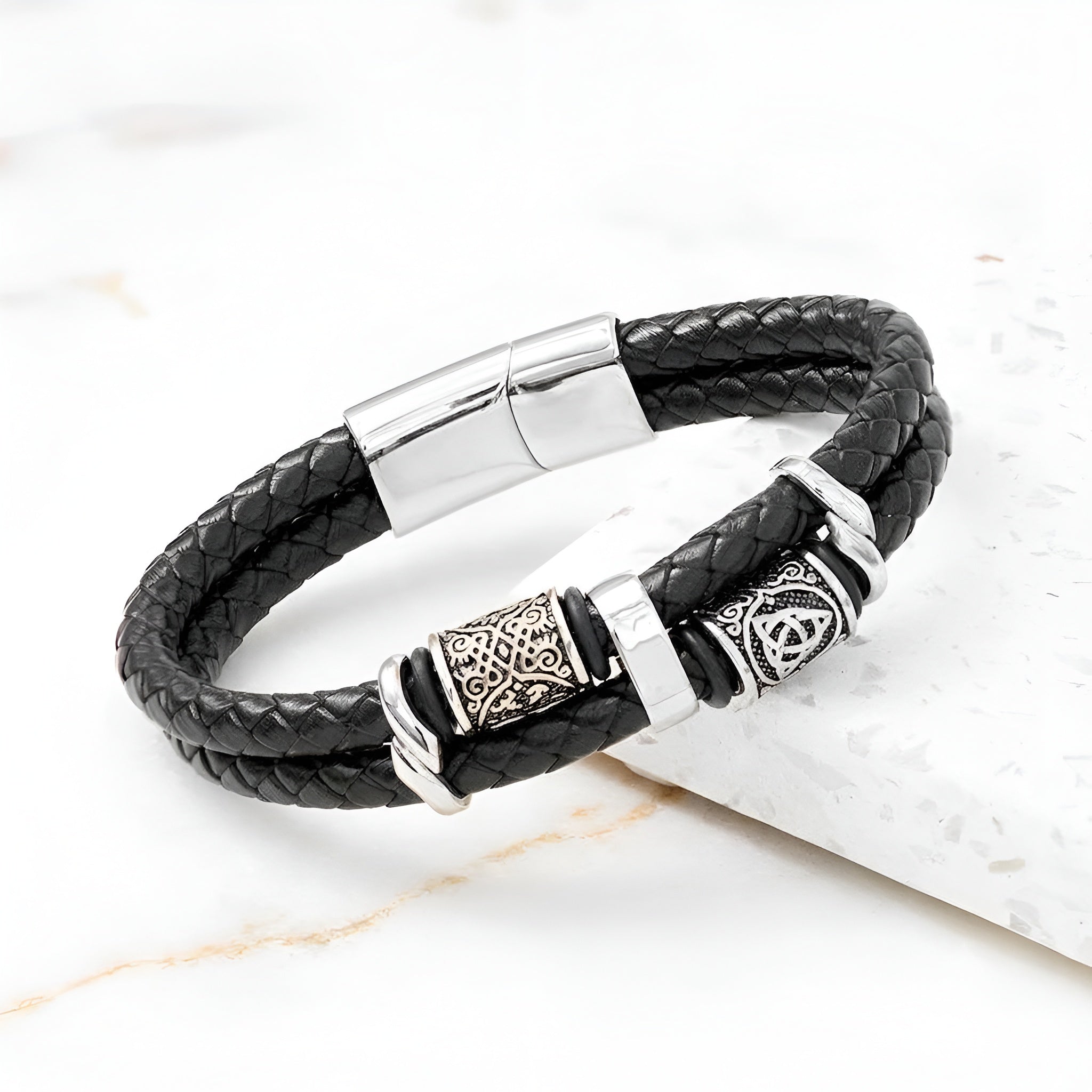 Men's Black Braided Leather Bracelet – Stainless Steel Charm Bracelet