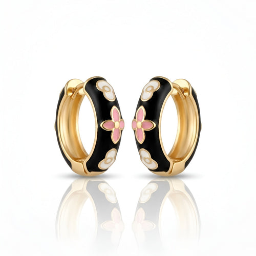 Black Enamel Gold Plated Hoop Earrings | Designer Floral Earrings