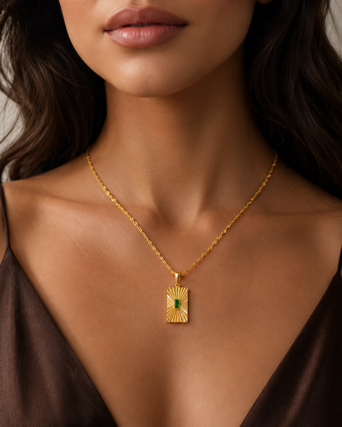 Anti Tarnish Green Cubic Zirconia Rectangle Pendant Necklace