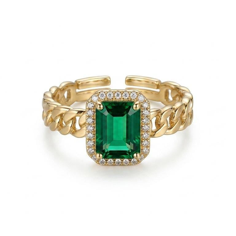 Emerald Cut Green Gemstone Halo Adjustable Ring – Gold Chain Band