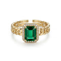 Emerald Cut Green Gemstone Halo Adjustable Ring – Gold Chain Band