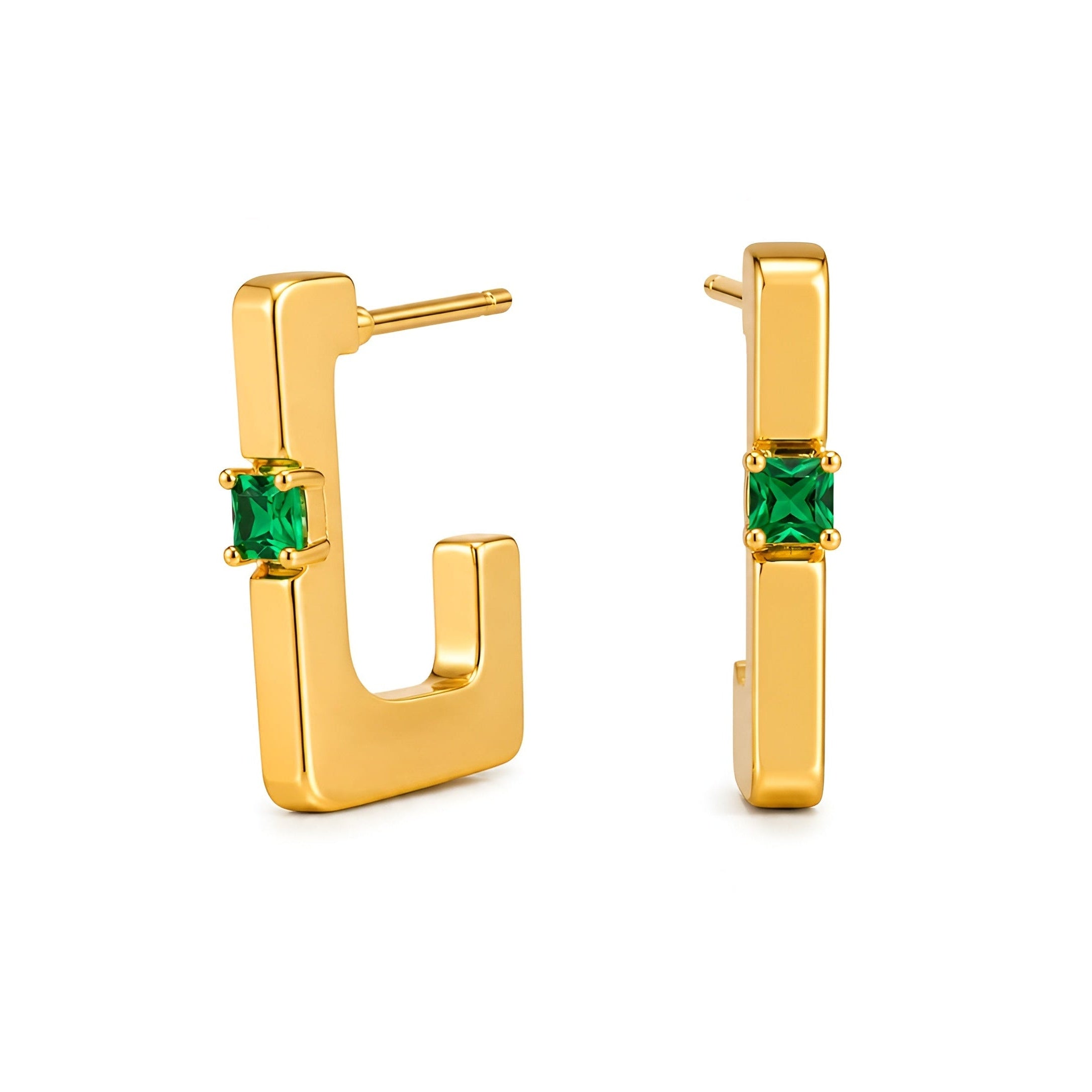 Emerald Green Square Stone Gold-Plated Geometric Hoop Earrings for Women | Trendy Statement Earrings