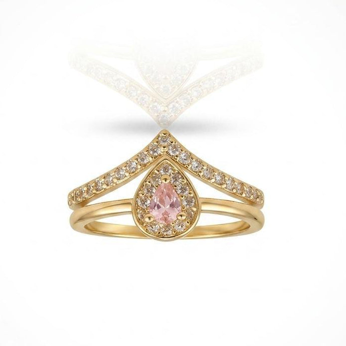 Pear-Cut Pink Gemstone Halo Chevron Adjustable Ring in Gold